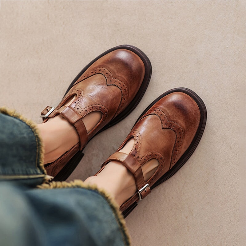 MARIA – Vintage Leather T-Bar Ballerinas
