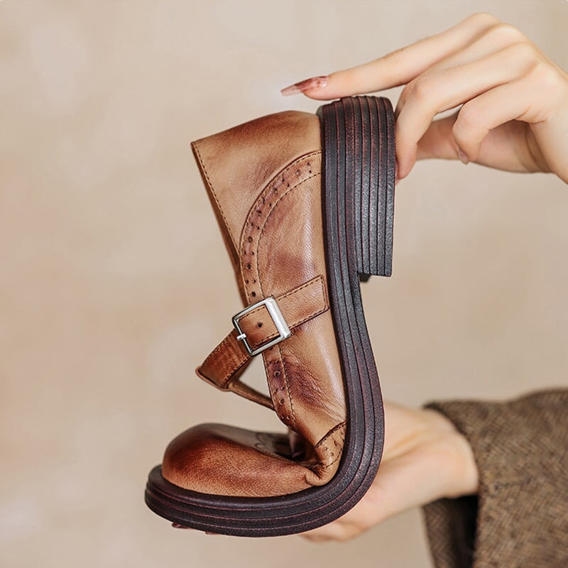MARIA – Vintage Leather T-Bar Ballerinas