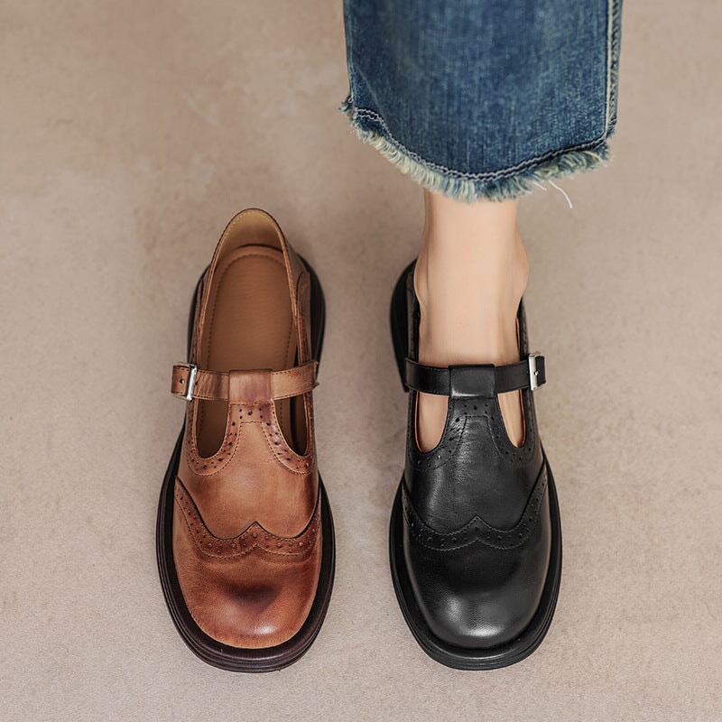 MARIA – Vintage Leather T-Bar Ballerinas